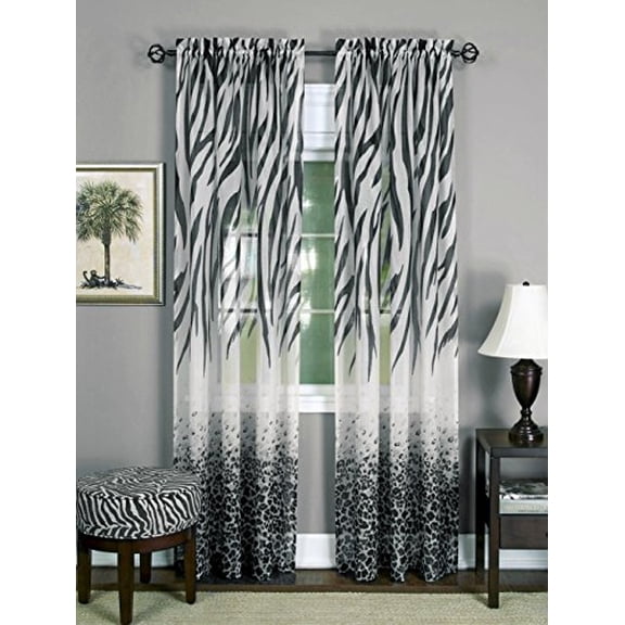 Savannah Collection Wild Safari Zebra and Leopard Print Sheer Panel in Black (50" x 63")One Panel Only