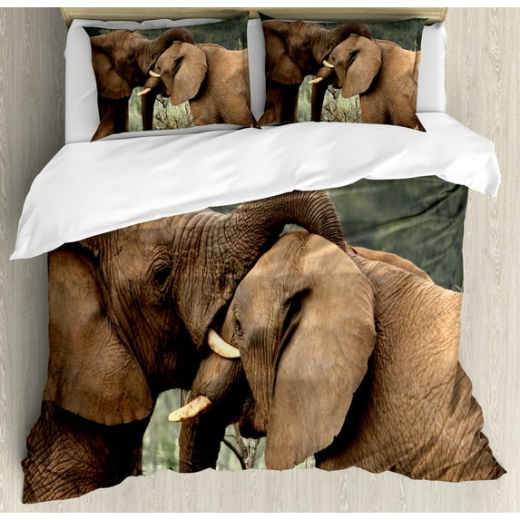Savannah Duvet Cover Set, 2 Wild Savannah Animals Wrestling and Playing Nature South Animals Photo, Decorative 3 Piece Bedding Set with 2 Pillow Shams, Calking Size, Brown and Green, by Ambesonne