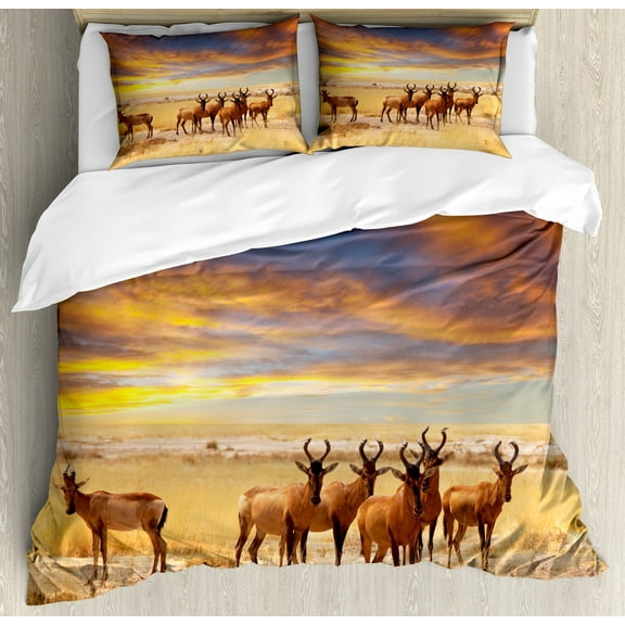 Savannah Duvet Cover Set, Antelope Crowd on Grassland at Sunset Tropic Exotic Savannahs Animals, Decorative 3 Piece Bedding Set with 2 Pillow Shams, Calking Size, Yellow Brown and Red, by Ambesonne