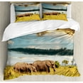 thumbnail image 1 of Savannah Duvet Cover Set, Big Savannah Family with Dark Cloudy Dramatical Sky Grassland Landscape, Decorative 3 Piece Bedding Set with 2 Pillow Shams, Queen Size, Yellow Grey and Blue, by Ambesonne, 1 of 3