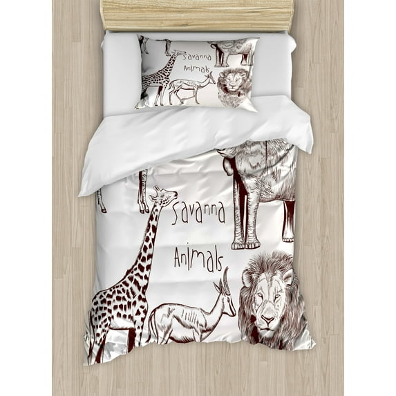 Savannah Duvet Cover Set, Composition of Tropic Wild Savannah Animals Lion Giraffe Zebra Sketch Graphic, Decorative 2 Piece Bedding Set with 1 Pillow Shams, Twin Size, Brown and Cream, by Ambesonne