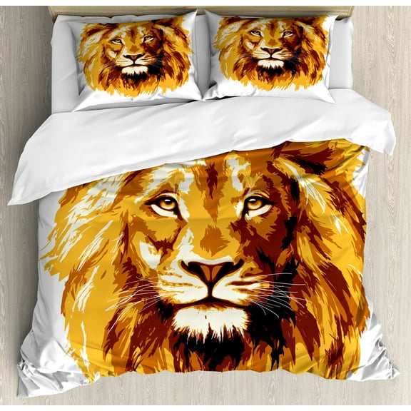 Savannah Duvet Cover Set, Illustration of the Lion Biggest Cat in Africa Animal in Tropics Art Print, Decorative 3 Piece Bedding Set with 2 Pillow Shams, Queen Size, Orange and White, by Ambesonne