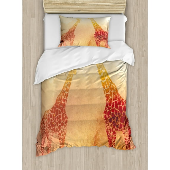 Savannah Duvet Cover Set, Illustration Tropic Giraffes Tallest Neck Animal Mammal in Retro Vintage Print, Decorative 2 Piece Bedding Set with 1 Pillow Shams, Twin Size, Orange, by Ambesonne