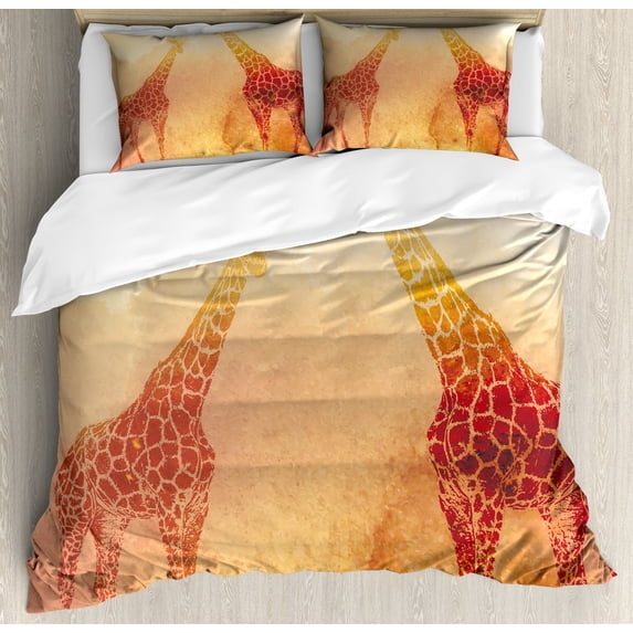 Savannah Duvet Cover Set, Illustration Tropic Giraffes Tallest Neck Animal Mammal in Retro Vintage Print, Decorative 3 Piece Bedding Set with 2 Pillow Shams, King Size, Orange, by Ambesonne