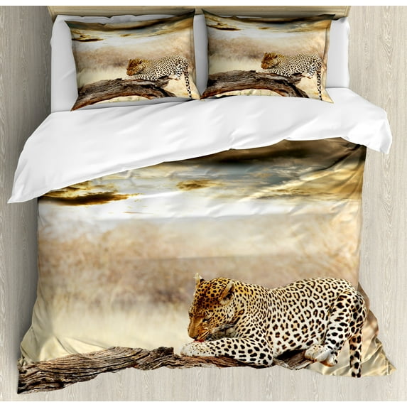 Savannah Duvet Cover Set, Leopard Resting Dramatic Cloudy Sky Wild Cats Nature Picture Sunset Landscape, Decorative 3 Piece Bedding Set with 2 Pillow Shams, King Size, Beige and Brown, by Ambesonne