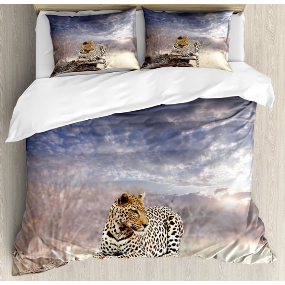 Savannah Duvet Cover Set, Leopard on Tree Trunk Under Last Sun Rays of the Day Sunset Dark Cloudscape, Decorative 3 Piece Bedding Set with 2 Pillow Shams, King Size, Beige and Grey, by Ambesonne