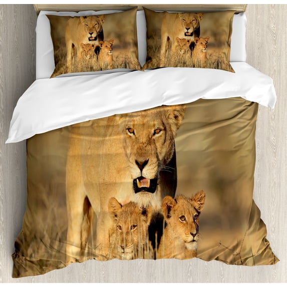 Savannah Duvet Cover Set, Mom Lioness and Young Lion in South Nature Big Cats at Wilderness Savannah Themed Print, Decorative 3 Piece Bedding Set with 2 Pillow Shams, Queen Size, Cream, by Ambesonne
