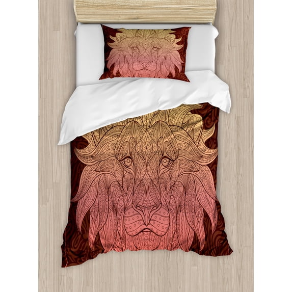 Savannah Duvet Cover Set, Patterned Ornate Lion Head with Digital Featuring Totem Zoo Wild Bohemian, Decorative 2 Piece Bedding Set with 1 Pillow Shams, Twin Size, Maroon and Yellow, by Ambesonne