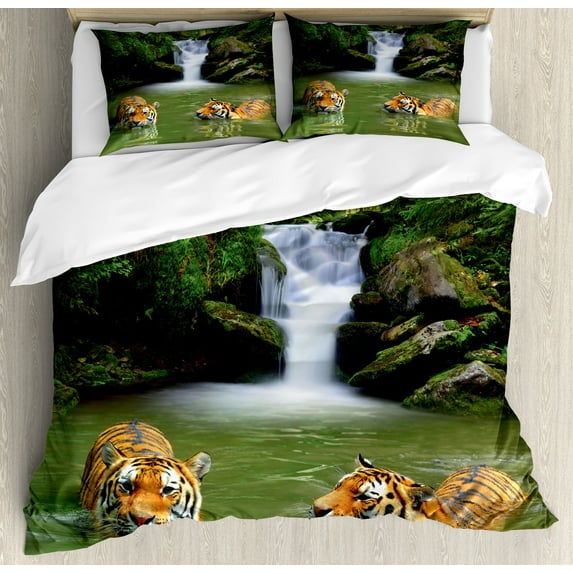 Savannah Duvet Cover Set, Siberian Tigers in Water Waterfall Pool Woodland Swimming Natural, Decorative 3 Piece Bedding Set with 2 Pillow Shams, Queen Size, Reseda Green and Orange, by Ambesonne