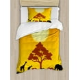 thumbnail image 1 of Savannah Duvet Cover Set, Silhouette of Elephants Zebras Grassland and a Tree the Sun Nature, Decorative 2 Piece Bedding Set with 1 Pillow Shams, Twin Size, Chocolate Orange and Black, by Ambesonne, 1 of 3