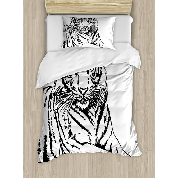 Savannah Duvet Cover Set, Sketch of a Posing Tiger Sharp Eyes Largest Cat Species Dark Vertical Stripes Art, Decorative 2 Piece Bedding Set with 1 Pillow Shams, Twin Size, White Black, by Ambesonne