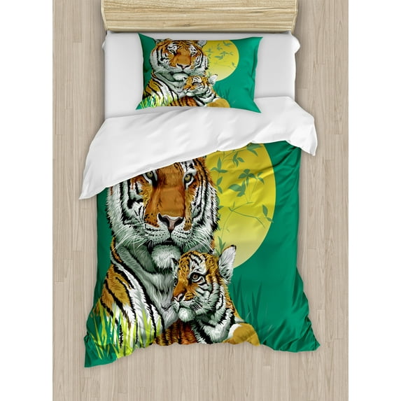 Savannah Duvet Cover Set, Tiger Family in the Jungle Full Moonlight Night Grass Abstract, Decorative 2 Piece Bedding Set with 1 Pillow Shams, Twin Size, Jade Green and Pale Green, by Ambesonne