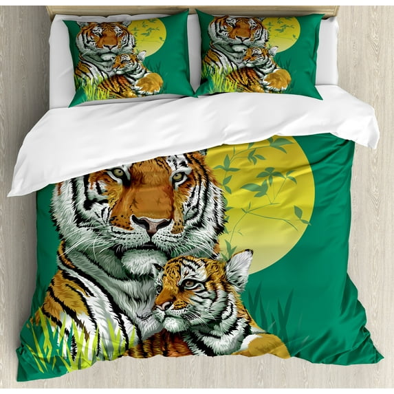 Savannah Duvet Cover Set, Tiger Family in the Jungle Full Moonlight Night Grass Abstract, Decorative 3 Piece Bedding Set with 2 Pillow Shams, Queen Size, Jade Green and Pale Green, by Ambesonne