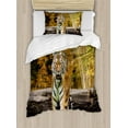 thumbnail image 1 of Savannah Duvet Cover Set, Tiger in the Forest Standing and Gazing at the Camera Beast Habitat Picture, Decorative 2 Piece Bedding Set with 1 Pillow Shams, Twin Size, Orange and Brown, by Ambesonne, 1 of 3