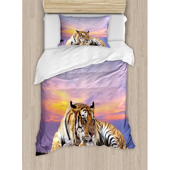 Savannah Duvet Cover Set, Tiger Lying on Wood Blue Sky Colorful Ombre Sunset Pose Stripes Claws, Decorative 2 Piece Bedding Set with 1 Pillow Shams, Twin Size, Lavender and Mustard, by Ambesonne