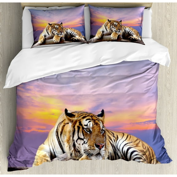 Savannah Duvet Cover Set, Tiger Lying on Wood Blue Sky Colorful Ombre Sunset Pose Stripes Claws, Decorative 3 Piece Bedding Set with 2 Pillow Shams, Queen Size, Lavender and Mustard, by Ambesonne