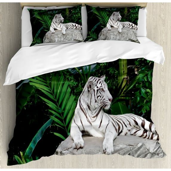 Savannah Duvet Cover Set, White Tiger Setting on Stone Tropic Plants Leaves Wild Jungle Majestic, Decorative 3 Piece Bedding Set with 2 Pillow Shams, King Size, Pale Grey Beige Green, by Ambesonne