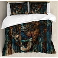thumbnail image 1 of Savannah Duvet Cover Set, Wild African Animal Big Cat Lion Carved on Grunge Wooden Board Boho Nature Art, Decorative 3 Piece Bedding Set with 2 Pillow Shams, King Size, Brown and Teal, by Ambesonne, 1 of 3