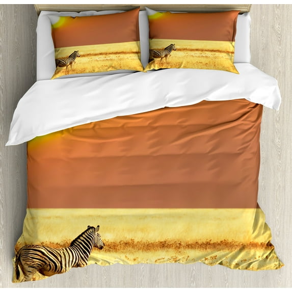 Savannah Duvet Cover Set, Zebra at Sunset on Grass Mammal Culture Tropical Lands Landscape Photo, Decorative 3 Piece Bedding Set with 2 Pillow Shams, Calking Size, Orange Yellow Black, by Ambesonne