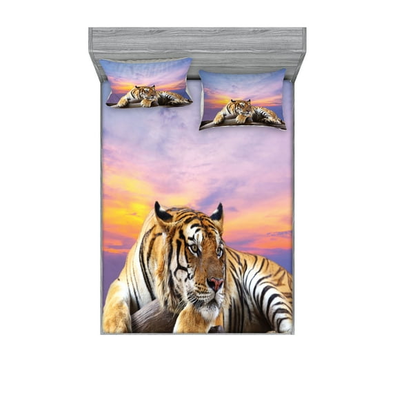 Savannah Fitted Sheet & Pillow Sham Set, Tiger Lying on Wood Blue Sky Colorful Ombre Sunset Pose Stripes Claws, Decorative Printed 6 Piece Bedding Decor Set, Full, Lavender and Mustard, by Ambesonne