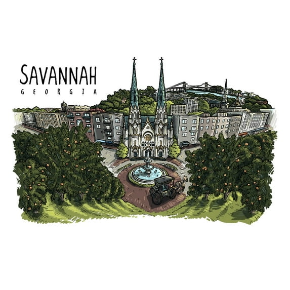 Savannah, Georgia, Line Drawing, Peach Trees (9x12 Wall Art Print, Home Decor)