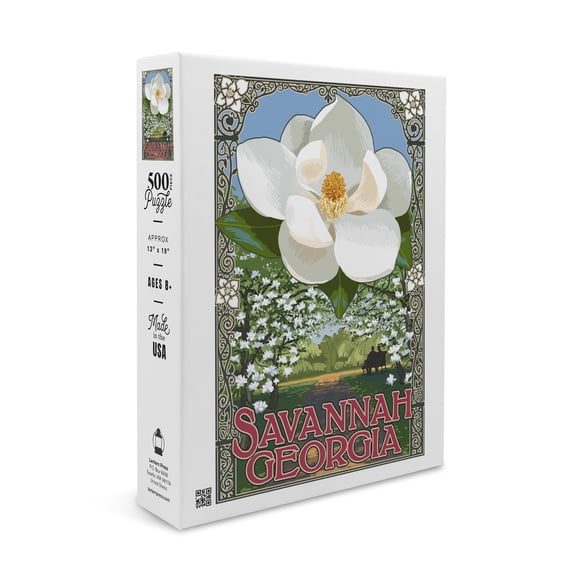 Savannah, Georgia, Single White Magnolia (19x27 inches, Premium 500 Piece Jigsaw Puzzle for Adults and Family, Made in USA)