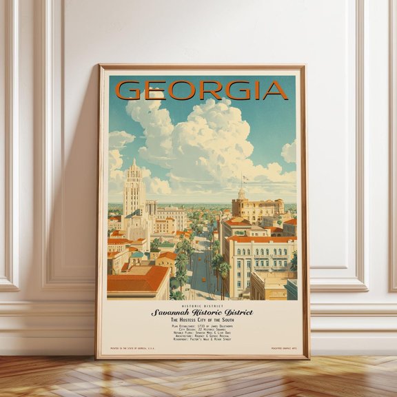 Savannah Historic District Georgia City Street Skyline Travel Poster, Expressive Travel Inspired Theme For Bedroom And Gallery Wall Decor