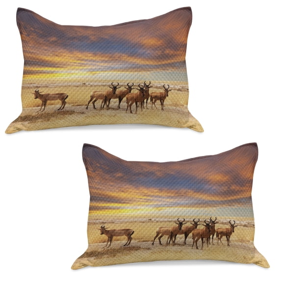 Savannah Knitted Quilt Pillowcover Set of 2, Antelope Crowd on Grassland at Sunset Tropic Exotic Savannahs Animals, Standard Queen Pillow Sham Bedroom, 30" x 20", Yellow Brown and Red, by Ambesonne