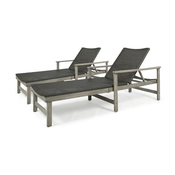 Savannah Outdoor Acacia Wood and Wicker Chaise Lounges, Set of 2, Light Gray and Mixed Black