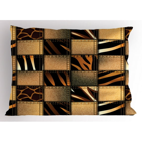 Savannah Pillow Sham, Earthy Jeans Denim Inspired Patchwork in Giraffe and Zebra Design Art Print, Decorative Standard Size Printed Pillowcase, 30" X 20", Brown Black, by Ambesonne