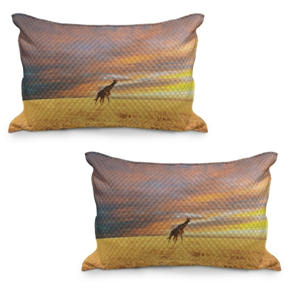 Savannah Quilted Pillowcover Set of 2, Giraffe in Savannah Colorful Cloudy Sky at Sunrise Grassland Autumn Picture, Standard Queen Size Pillow Cover Bedroom, 36" x 20", Yellow and Peach, by Ambesonne