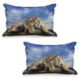 thumbnail image 1 of Savannah Quilted Pillowcover Set of 2, Tiger Sitting on Wood Clear Blue Sky Wildlife Morning Stripes Predator, Standard Queen Size Pillow Cover Bedroom, 36" x 20", Mustard Black and Blue, by Ambesonne, 1 of 1