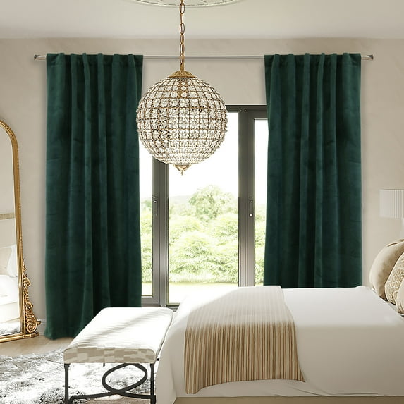Savannah Room Darkening Velvet Dual Header Curtain Panel 50" x 84" in Dark Green