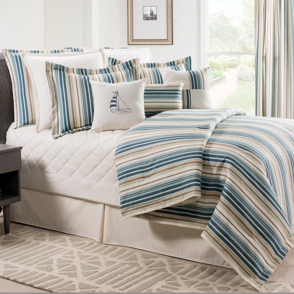 Savannah Stripe blue linen weave comforter set Twin 3 Piece