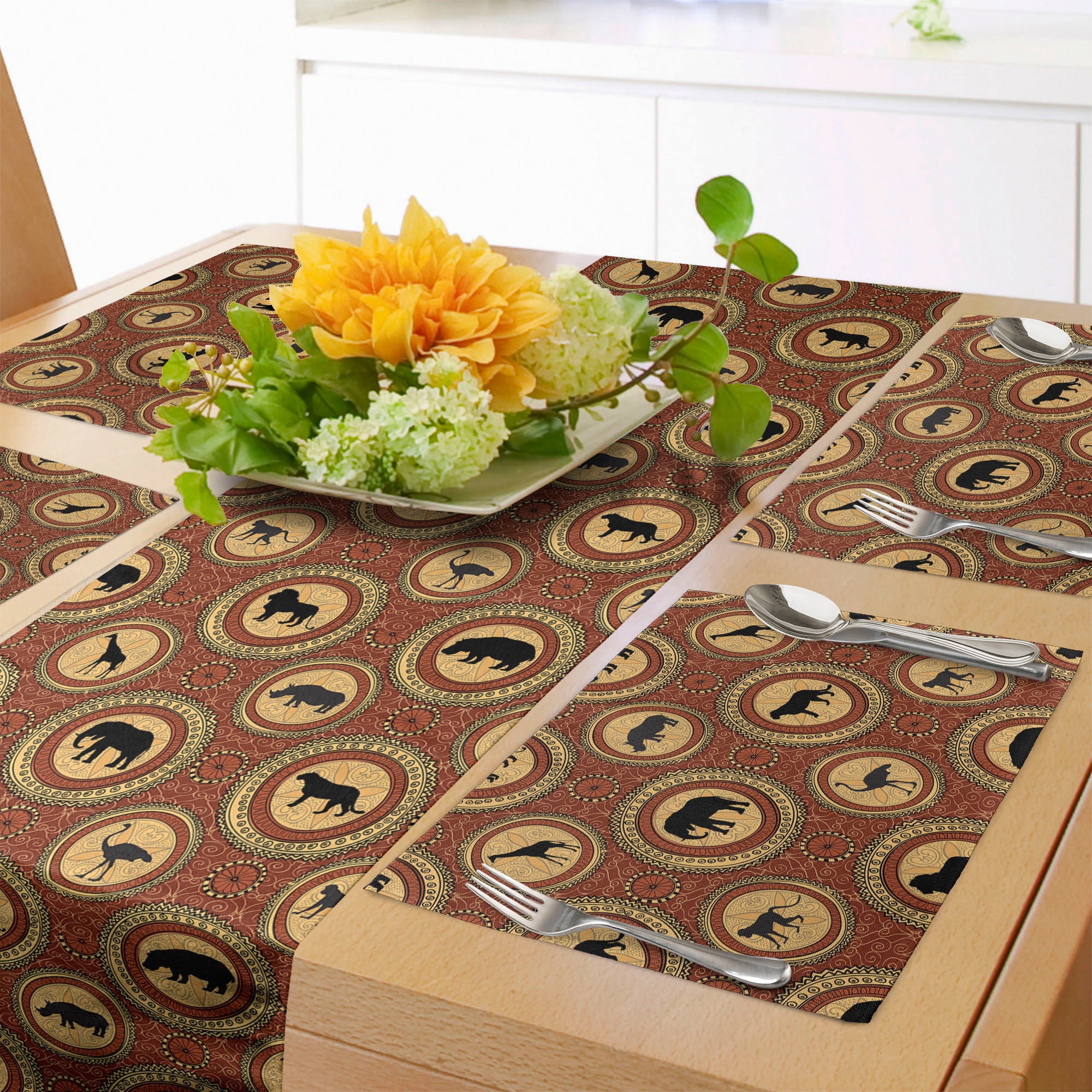 Savannah Table Runner & Placemats, Medallion Pattern of Monkey Giraffe