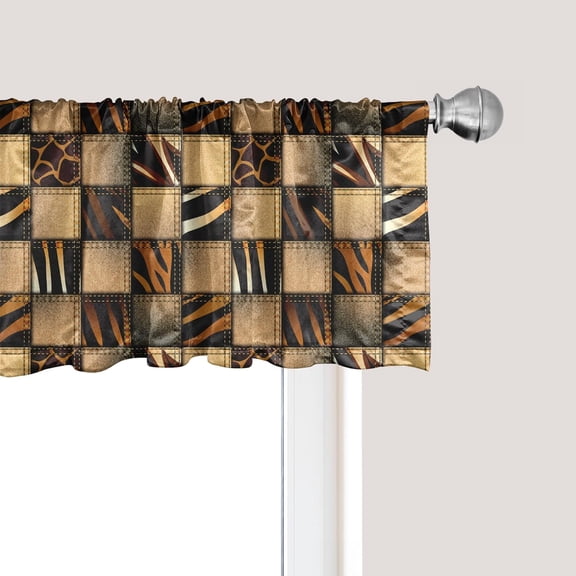 Savannah Window Valance, Earthy Jeans Denim Inspired Patchwork in Giraffe and Zebra Design Art Print, Rod Pocket Curtain Valances for Kitchen Bedroom, 54" X 12", Black Brown