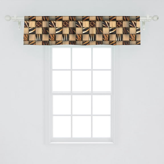Savannah Window Valance Pack of 2, Earthy Jeans Denim Inspired Patchwork in Giraffe and Zebra Design Art Print, Rod Pocket Curtain Valances for Kitchen Bedroom, 54" X 12", Black Brown