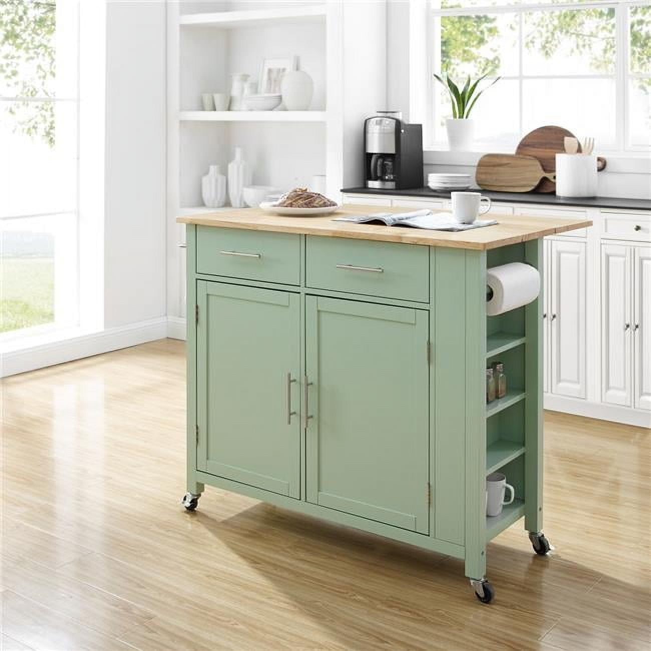 Savannah Wood Top Drop Leaf Kitchen Island Cart, Mint