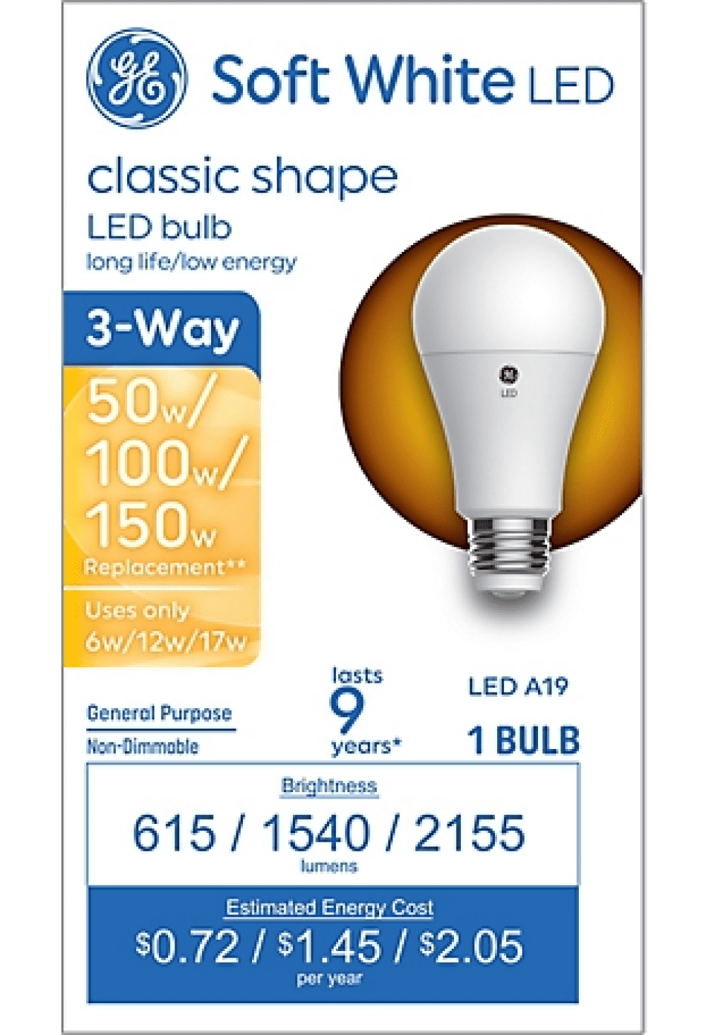 Savant 93130566 GE 3-Way LED Light Bulb 150/100/50 Watt Replacement A19 Bulb