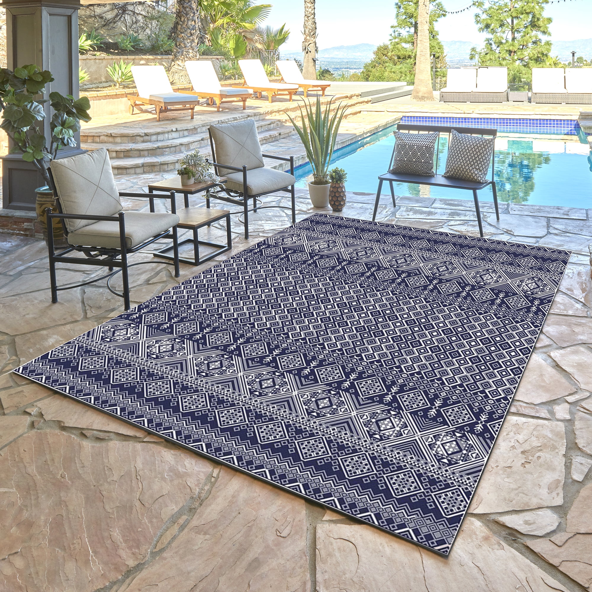 Savara Talina Indoor/ Outdoor Polypropylene Navy Flat Weave Area Rug, 9x13