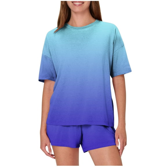 Save On 2 Packs Cotton Nightgown Outfits，Summer Womens Pajamas Classic Gradient Sleepwear Scooped Neck Short Sleeve Tops Elastic High Waist Shorts Relaxed Fit Pjs