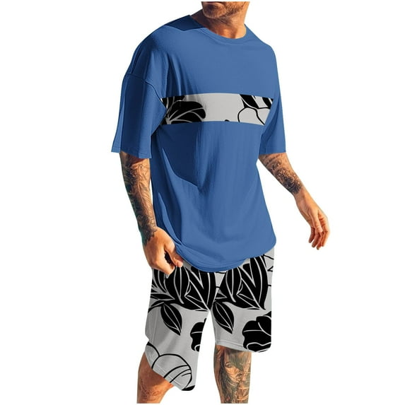 Save On 2 Pcs Summer Mens Shorts Tops Outfits Trends Floral Printed T-Shirts Short Sleeve Crewneck Tees Knee Length Beach Shorts Flower Print Sweatpants Lounge Breathable Clothes Trends 2025 Outfit