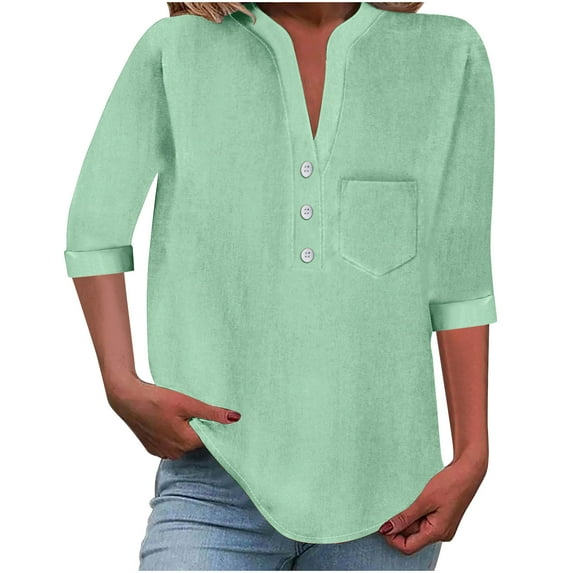 Save 65% Instantly!Suumer Plus Size Oversized Tshirts for Women Solid Button V-Neck Loose Blouse With Pocket
