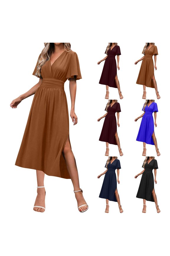 Save 65% Instantly!Suumer Plus Size Womens Dresses Sexy Solid Short Sleeve V-Neck Pleated es Long Midi Maxi es Elastic Waist Boho Beach Pockets