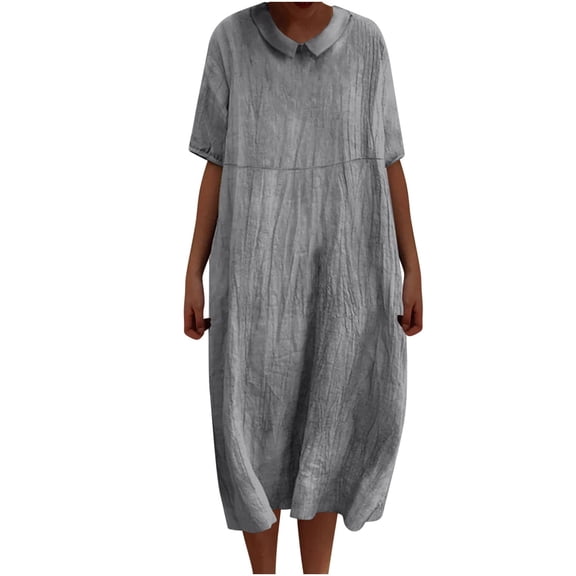 Save 65% Instantly!Suumer Plus Size Womens Dresses Solid Color Lapel Doll Tie Pocket Loose Casual Cotton And Linen