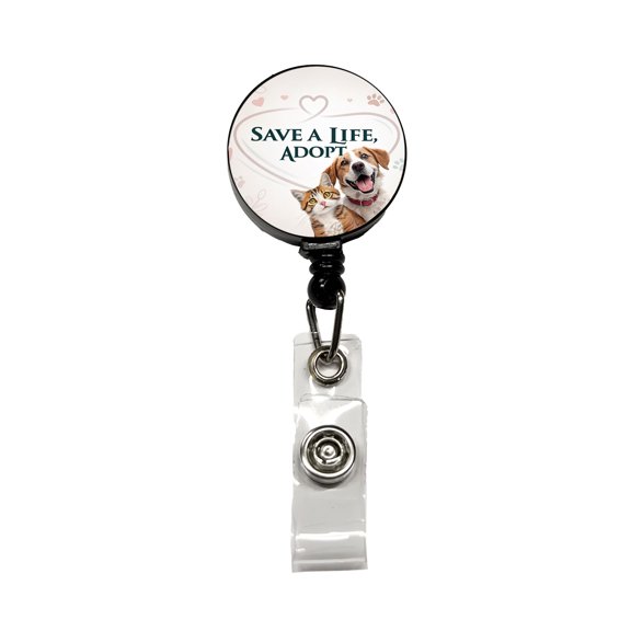 Save A Life Adopt Rescue Pet Dog Cat Retractable Reel ID Badge Key Card Name Tag Holder with Clip