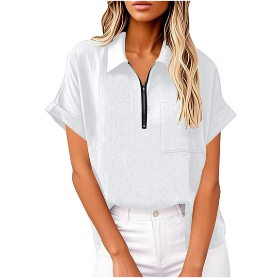 Save Bamboo Linen Shirts for Women Pullover Sweater Blouses Collared Short Sleeve Tops Zipper T-Shirts Pure Basic Tunic Tops Causal Retro Blouses Relaxed Fit T Shirts Dressy Work Clothes With Pockets