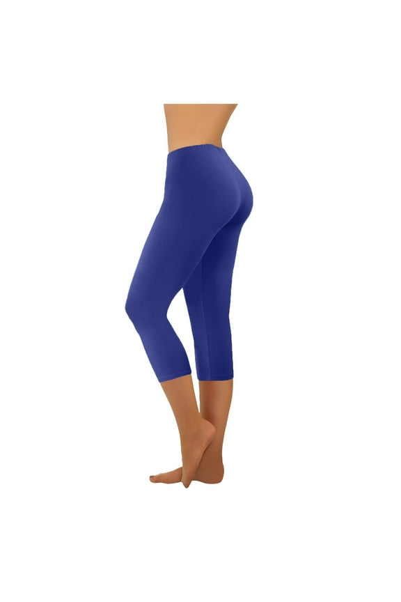 Save Big UTSJKR Women's Solid Capri Leggings Cotton Spandex Stretch Tummy Control Yoga Workout Pants Workout Tummy Control Capris for Women Blue 6