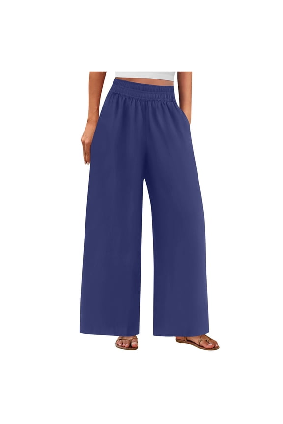 Save On Cotton Linen Pants for Women High Waisted Causal Trousers Elastic Waist Trouser Baggy Stretchy Wide Leg Pant Dressy Lightweight Ladies Work Outfits with Pockets