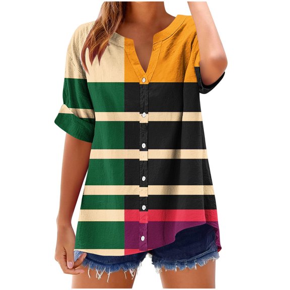 Save On Cotton Linen T Shirts for Women Striped Color Block Tunic Tops Henley Neck Tee Short Sleeve Shirts Baggy Boho Dressy Shirts Trends Lightweight Tee Beach Holiday Clothes